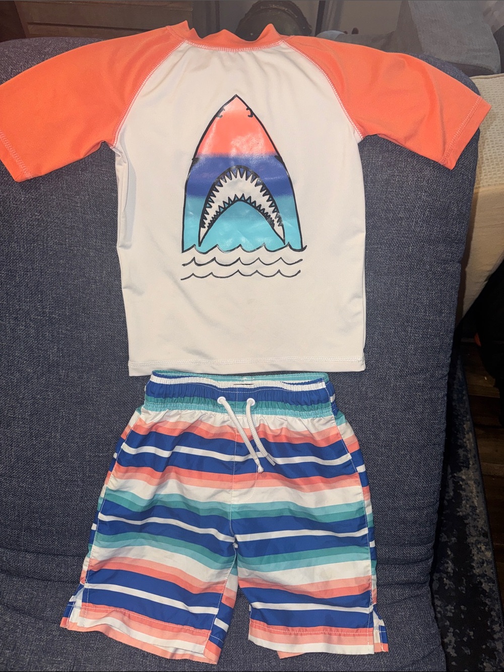 Place Sports Kids Rash Guard Swim Set in White, Coral & Blue
